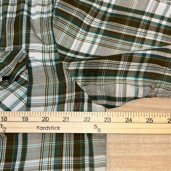 Prana Shirt Mens Large Green Brown Plaid Pearl Snap Short Sleeve Pockets Western - Picture 9 of 11